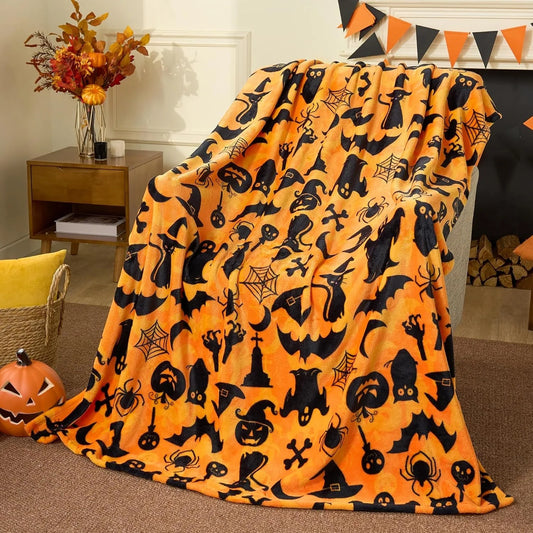1PC Halloween Throw Blanket Black Bat Pumpkin Ghost Skull Thin Blanket Gifts for Decor Couch Bed Car Home Camping all season use 0