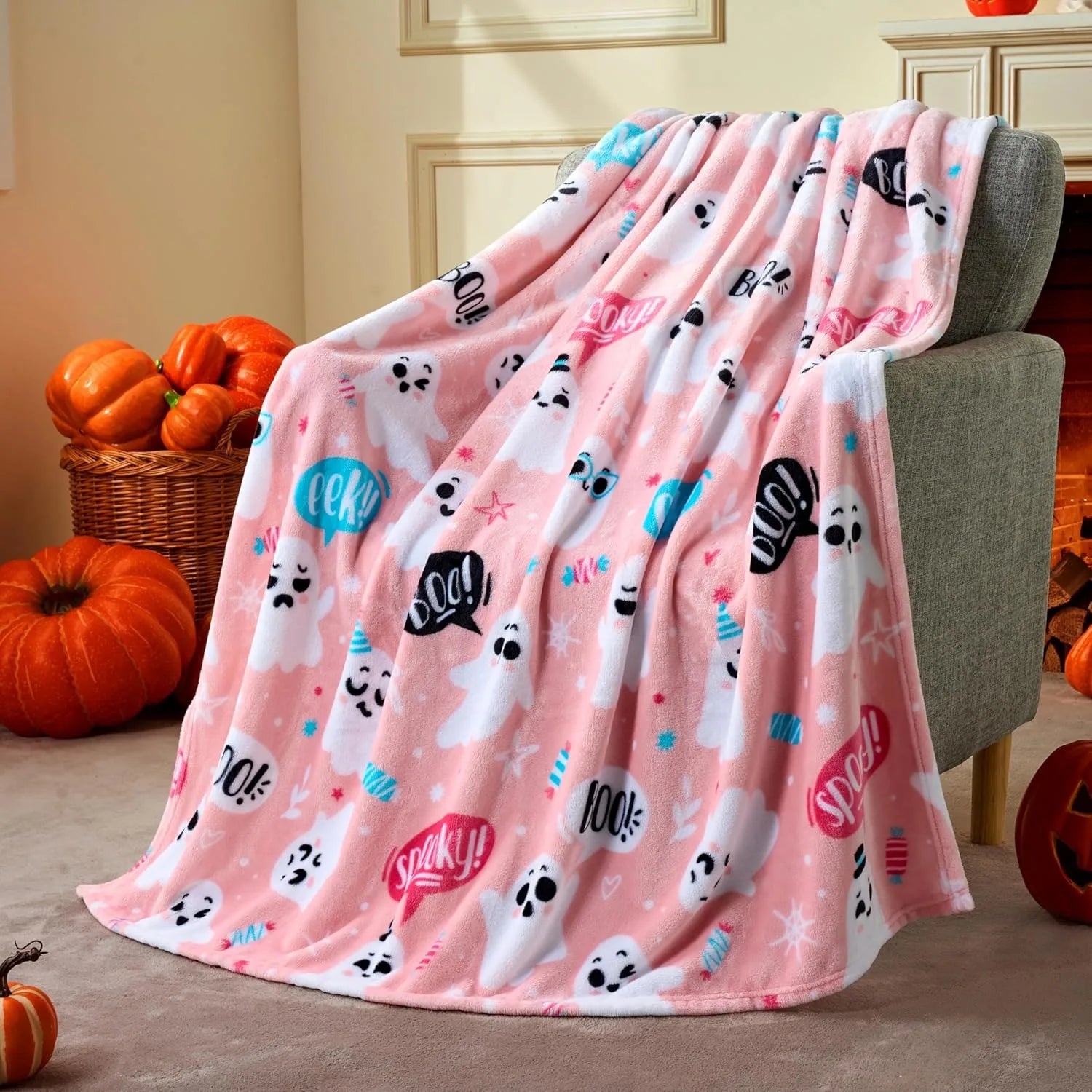 1PC Halloween Throw Blanket Black Bat Pumpkin Ghost Skull Thin Blanket Gifts for Decor Couch Bed Car Home Camping all season use 7