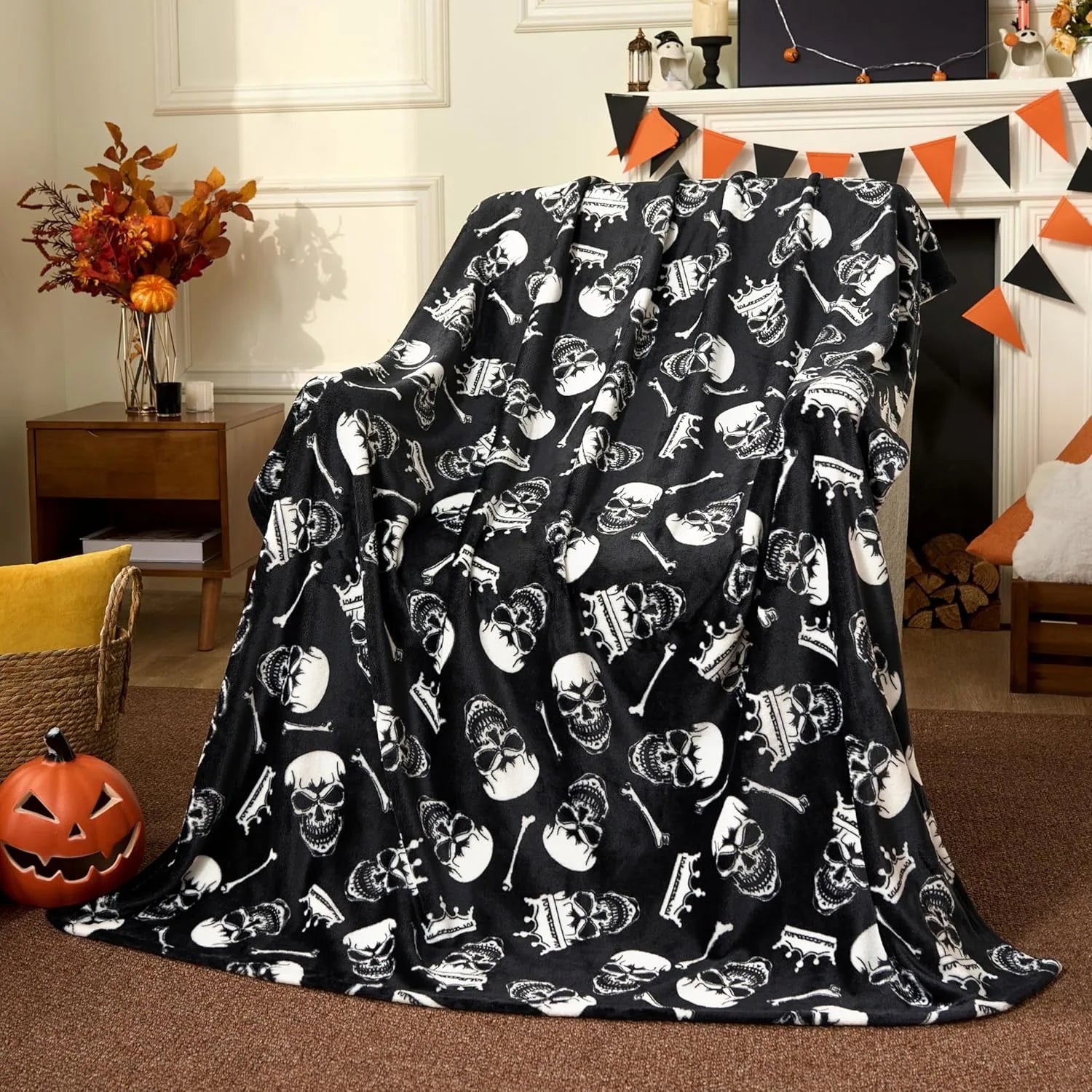 1PC Halloween Throw Blanket Black Bat Pumpkin Ghost Skull Thin Blanket Gifts for Decor Couch Bed Car Home Camping all season use 9