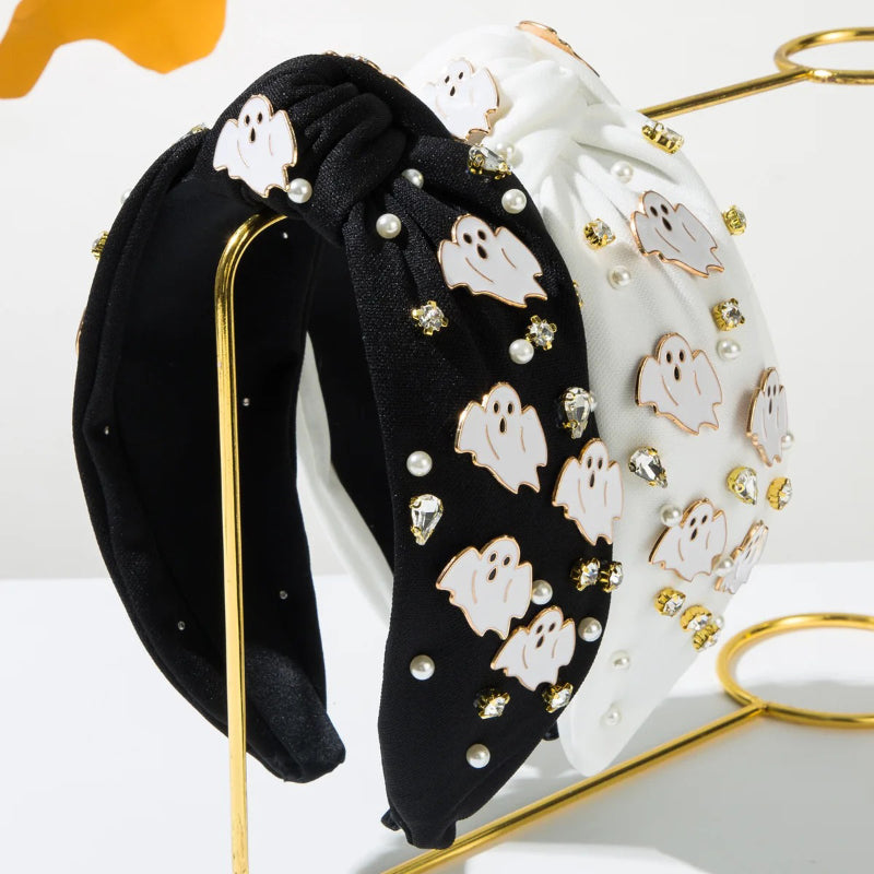 Gwen Women's Halloween Headband | Ghost Motif with Rhinestones and Pearls 2