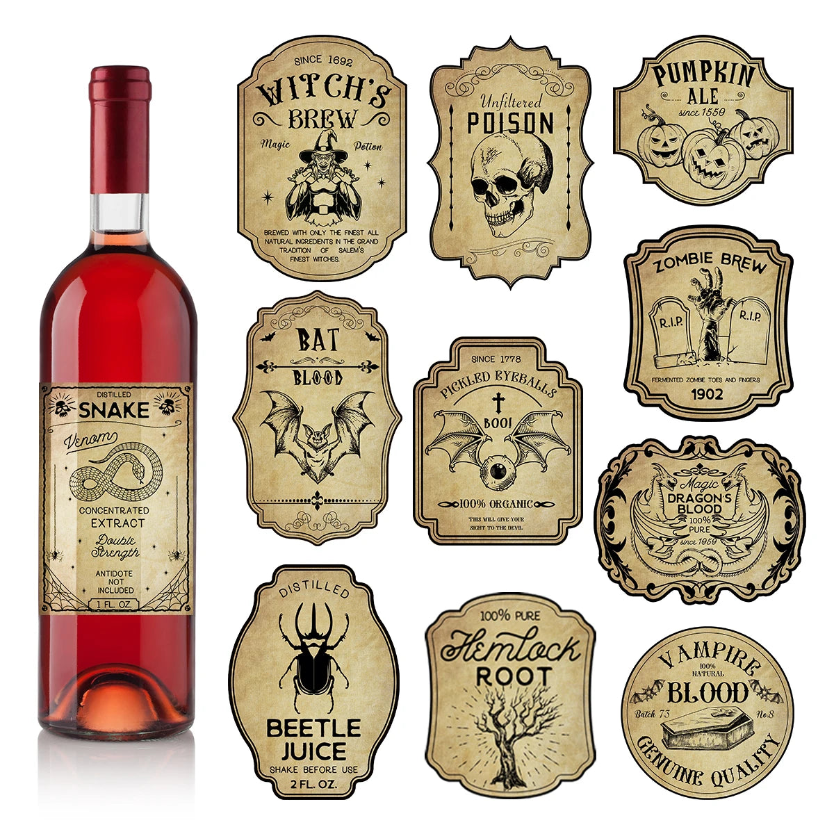 Halloweek Vintage Gothic Wine Bottle Labels | Easy Peel & Stick, Set of 12 or 24 0