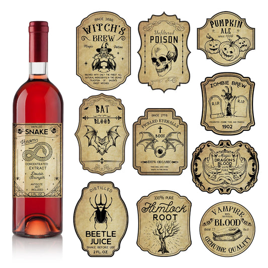 Halloweek Vintage Gothic Wine Bottle Labels | Easy Peel & Stick, Set of 12 or 24 0