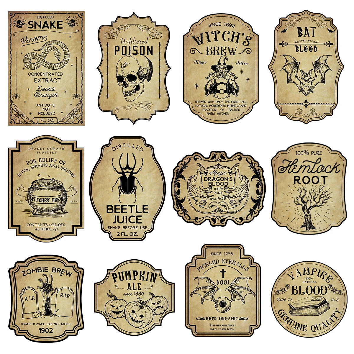 Halloweek Vintage Gothic Wine Bottle Labels | Easy Peel & Stick, Set of 12 or 24 1