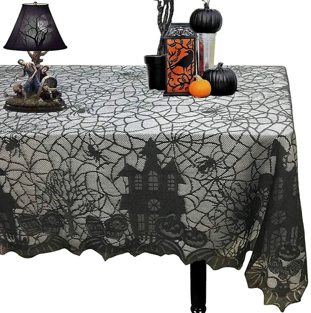 Halloweena Rectangular Tablecloth | Lace, Spider Web Skull Pattern 0