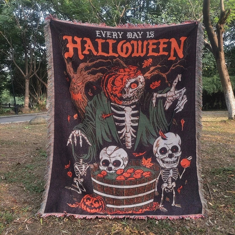 Holly Halloween Throw Blanket | Cozy Woven Tapestry, Ghost and Pumpkin Design 3