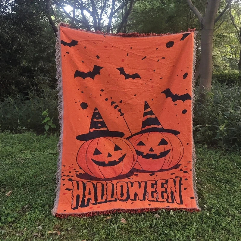 Holly Halloween Throw Blanket | Cozy Woven Tapestry, Ghost and Pumpkin Design 5