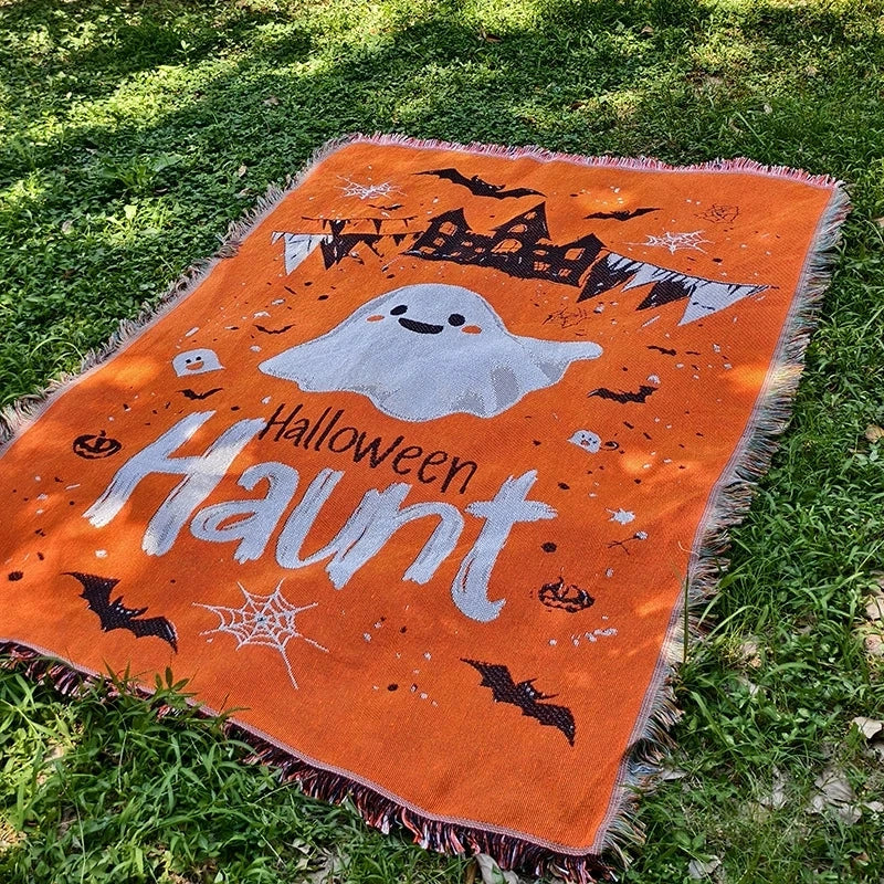 Holly Halloween Throw Blanket | Cozy Woven Tapestry, Ghost and Pumpkin Design 6