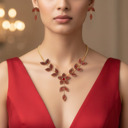 Pera Women's Necklace and Earring Set | Elegant Floral Design with Sparkling Gemstones 0