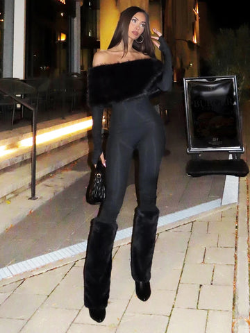 Women's Furry Patchwork Jumpsuit with Slash Neck and Full Sleeves – Chic Winter Streetwear Overall 0