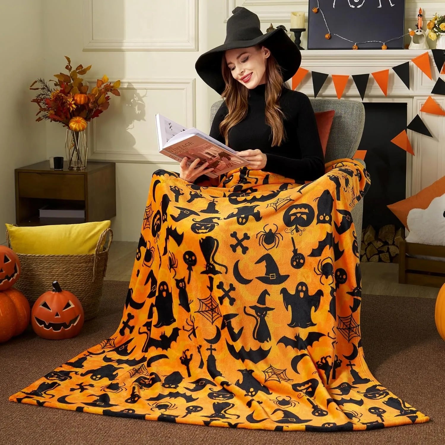 1PC Halloween Throw Blanket Black Bat Pumpkin Ghost Skull Thin Blanket Gifts for Decor Couch Bed Car Home Camping all season use 1