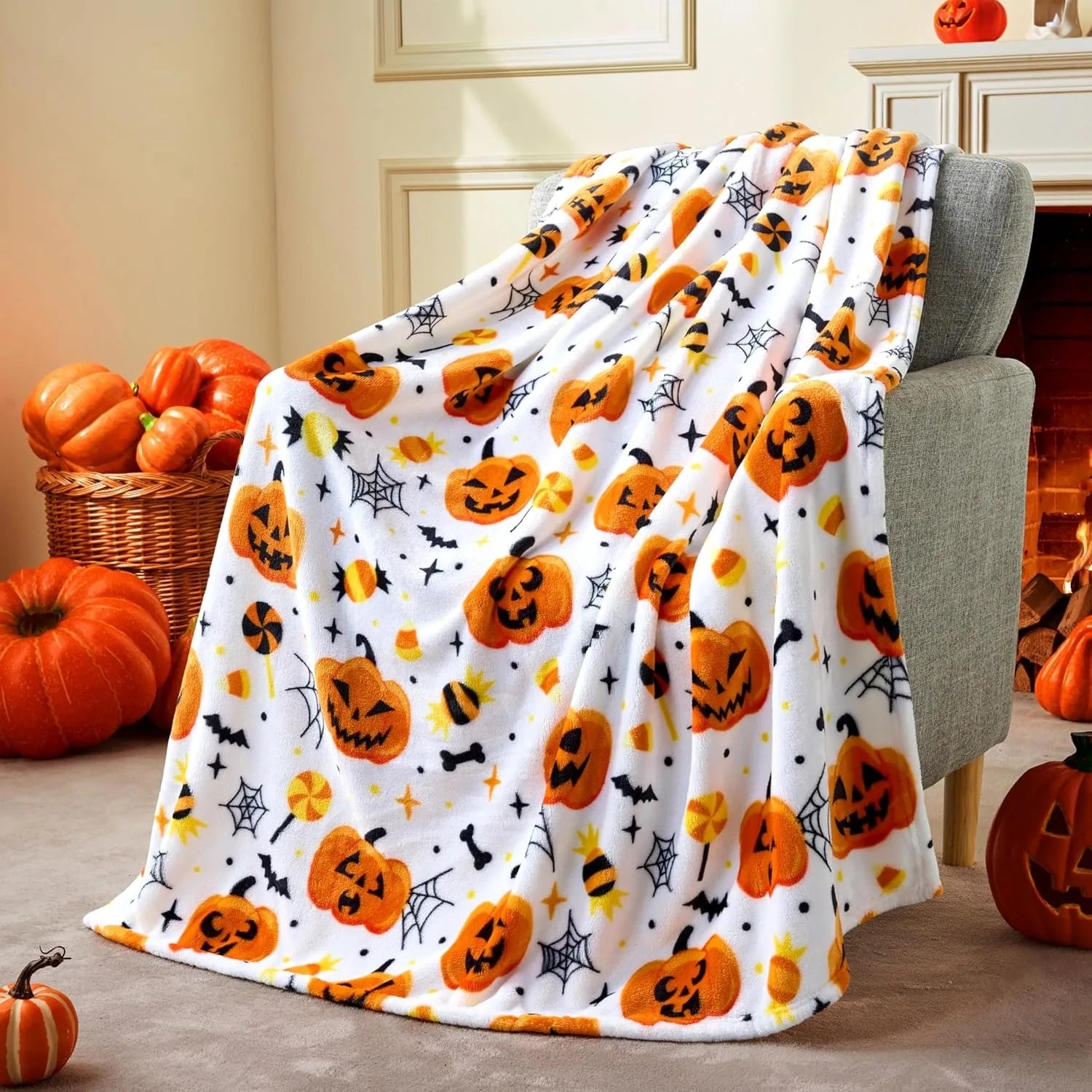 1PC Halloween Throw Blanket Black Bat Pumpkin Ghost Skull Thin Blanket Gifts for Decor Couch Bed Car Home Camping all season use 6