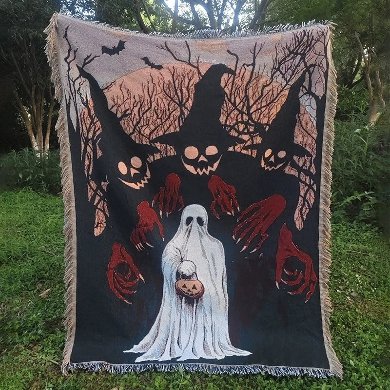 Holly Halloween Throw Blanket | Cozy Woven Tapestry, Ghost and Pumpkin Design 0