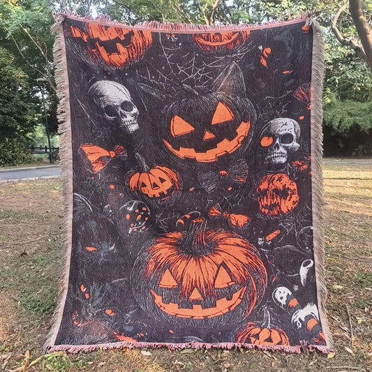 Holly Halloween Throw Blanket | Cozy Woven Tapestry, Ghost and Pumpkin Design 1