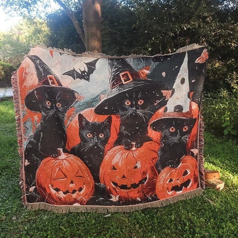 Holly Halloween Throw Blanket | Cozy Woven Tapestry, Ghost and Pumpkin Design 2