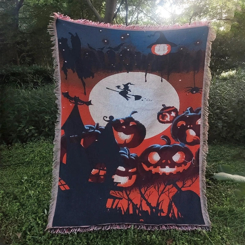 Holly Halloween Throw Blanket | Cozy Woven Tapestry, Ghost and Pumpkin Design 4