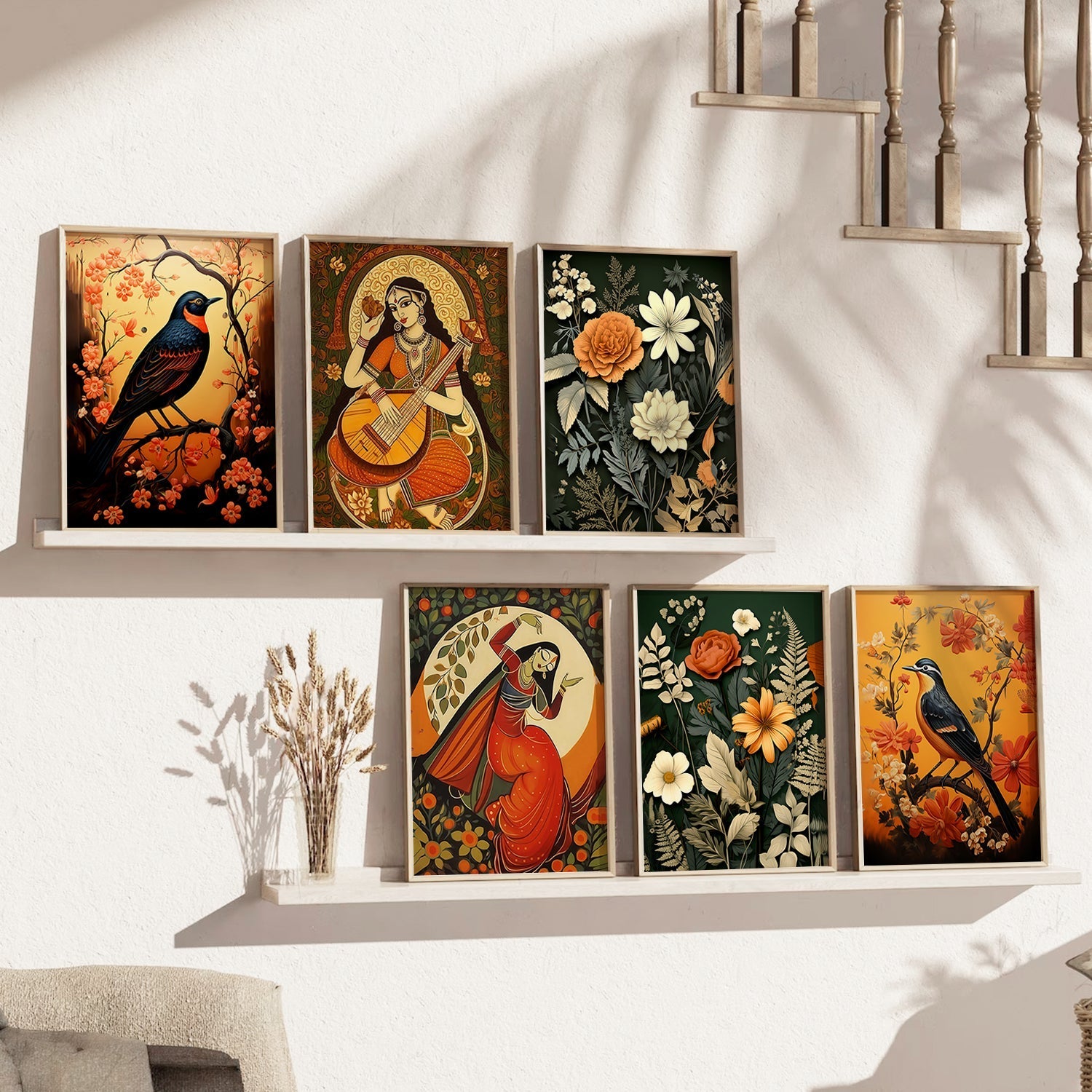 Madhubani Art Elegance Series | Framed Wall Decor Set, Traditional Indian Prints 1