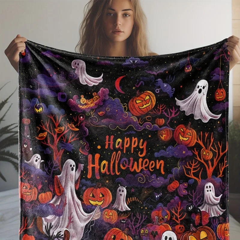 Vivid Halloween Throw Blanket | Ultra-Soft Flannel, Ghost & Pumpkin Prints 1