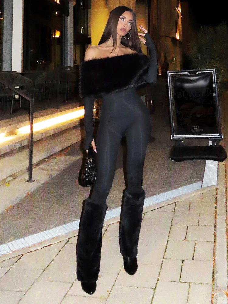 Women's Furry Patchwork Jumpsuit with Slash Neck and Full Sleeves – Chic Winter Streetwear Overall 0