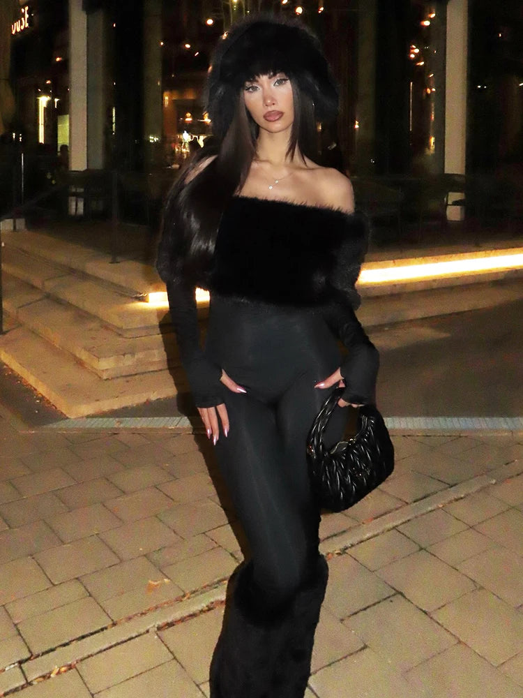 Women's Furry Patchwork Jumpsuit with Slash Neck and Full Sleeves – Chic Winter Streetwear Overall 3