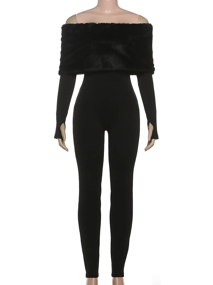 Women's Furry Patchwork Jumpsuit with Slash Neck and Full Sleeves – Chic Winter Streetwear Overall 5